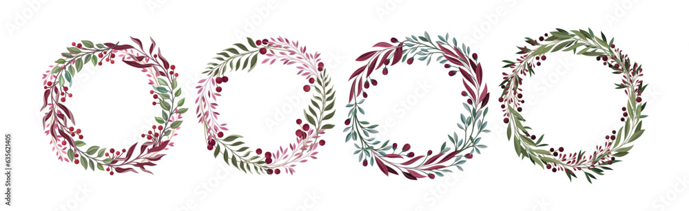 Poster berry twig and branches round wreath and frame vector set