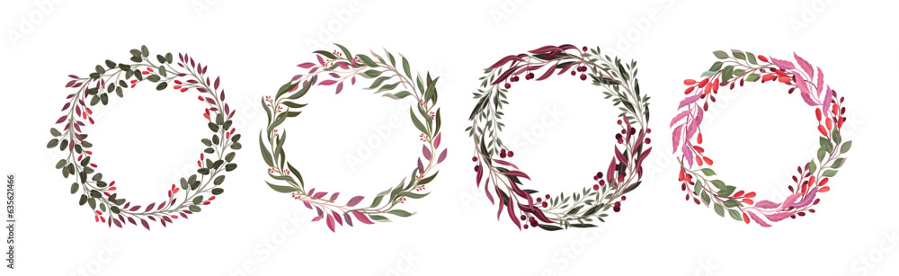 Poster berry twig and branches round wreath and frame vector set