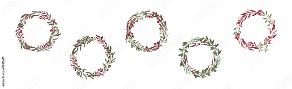 Poster berry twig and branches round wreath and frame vector set