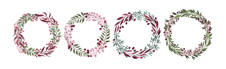 Berry Twig and Branches Round Wreath and Frame Vector Set