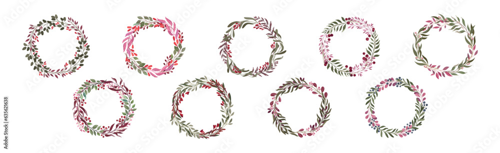 Poster berry twig and branches round wreath and frame vector set