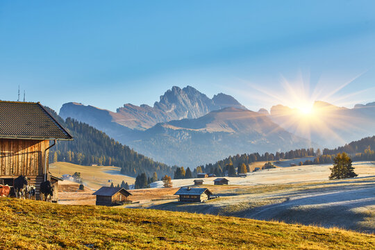 Sunrise at Alpe di Siusi in the Dolomites