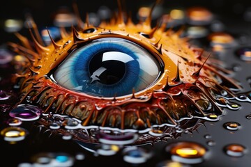 Ferrofluid style abstract modern colorful digital art of human eye portrait.