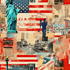 America travel collage artwork repeat pattern - obrazy, fototapety, plakaty