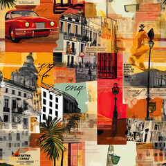 Travel Europe streets retro collage repeat pattern 