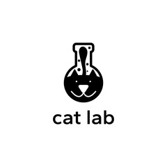 Logo of whimsical cat captured in a chemical test tube. Vector illustration.