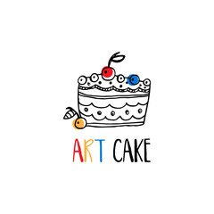 Logo of a hand-drawn cake. Tempting delight for your brand. Vector illustration.