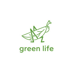 Logo of a grasshopper carrying a leaf within its form. A symbol of transformation and unity in nature's cycle. Ideal for brands embracing growth and adaptation. Vector illustration.