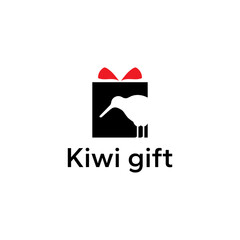 Logo of a kiwi bird ingeniously crafted within negative space of a gift box with a bow. A delightful blend of nature and surprise. Vector illustration.