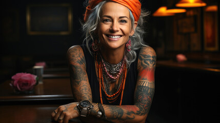 Fototapeta na wymiar Stylish elderly happy woman in tattoos smiling on dark background. Generative AI