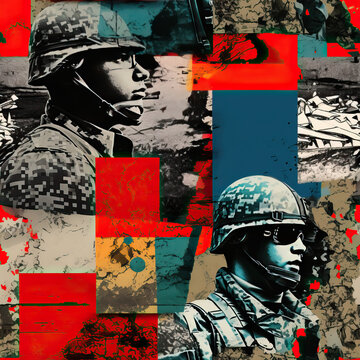 War themed cartoon collage repeat pattern