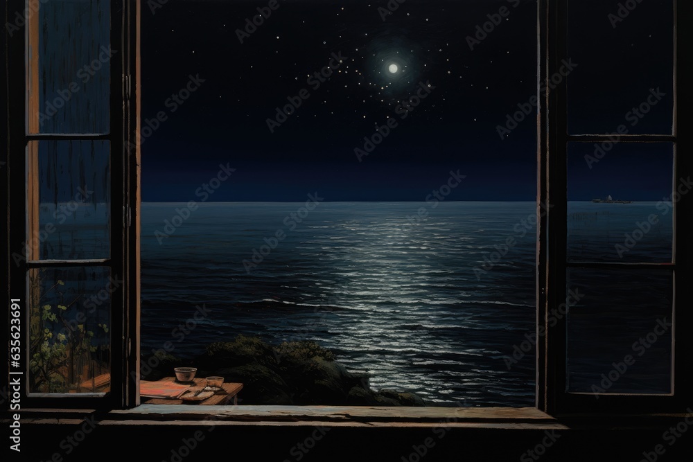 Poster an open window with a view of the ocean at night. digital image.