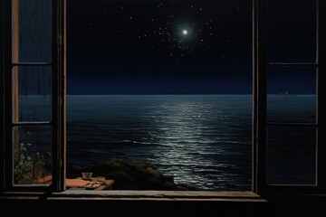 An open window with a view of the ocean at night. Digital image.