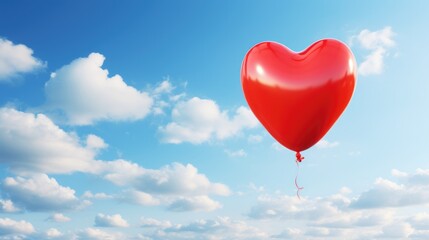 Fototapeta na wymiar Heart shaped red balloon flying in blue sky with white clouds