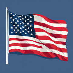 American flag waving in wind on blue background