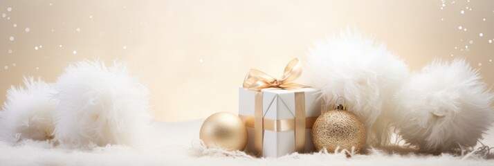 A white and gold christmas scene with presents. Digital image.