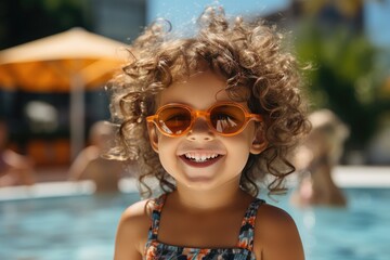 Fototapeta na wymiar A happy little girl in sunglasses near the pool in the summer. space for text. children's summer holidays