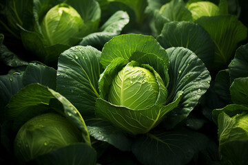 Fototapeta premium Cabbage with big bright green leaves, green cabbage vegetable, whole cabbage in the garden, vegetarian nutrition, cabbage for farm market, generative ai