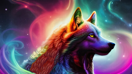 Portrait of a colorful cosmic wolf. 