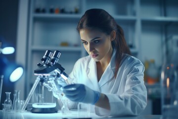 women in a white coat studies through a microscope in a chemical laboratory or medical laboratory. science and innovation. analyses