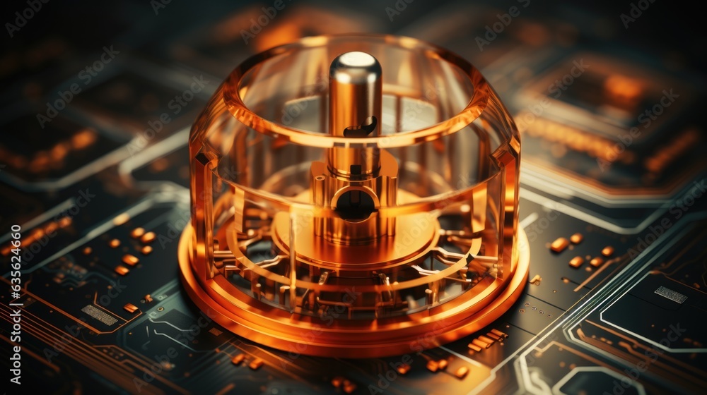 Poster a close up of an electronic device on a circuit. concept for cyber security to protect cryptocurrenc