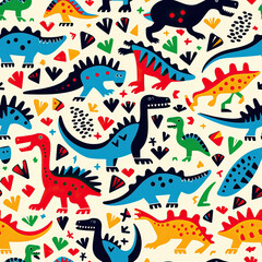 Cartoon dinosaur funny childish doodles repeat pattern