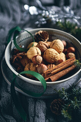 Nuts and spices in a bowl. Christmas baking ingredients