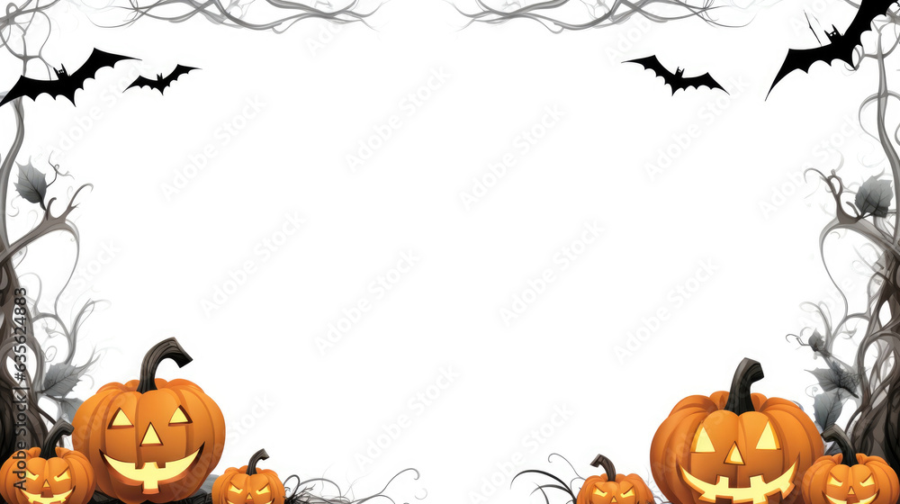 Poster a halloween frame with pumpkins and bats. digital image. frame with copy space.