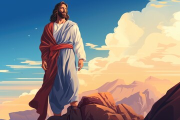 A painting of Jesus walking on a mountain. Digital image.