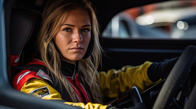 Confident and serious looking female racing driver