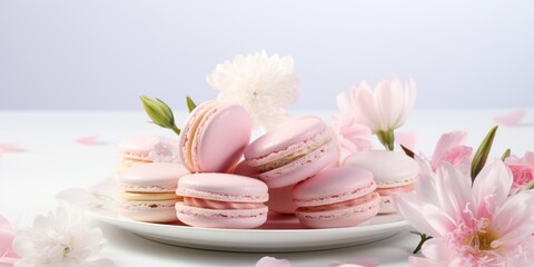 A plate of macarons and flowers on a table. Digital image. Wedding decor.