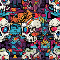 Cartoon skulls doodles graffiti funky repeat pattern