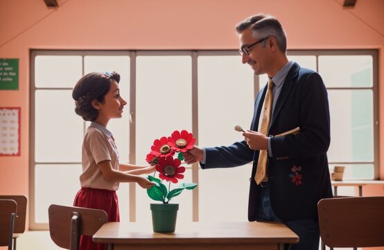 Creative concept of Happy Teachers Day illustration. Back to school. Student giving flower to class teacher in class room. Class Room. Generative Ai.