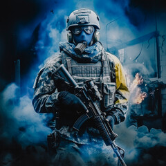 Double exposure of a Soldier and destroyed buildings. Ukrainian flag on background. War on Ukraine