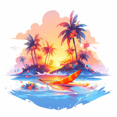 Fototapeta na wymiar SUP, Sea and tropical island on white background. High quality illustration
