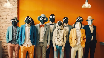 Team of trendy creative anthropomorphic penguins in loft office