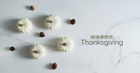 White pumpkins as happy thanksgiving flat lay with holiday copy for season message.