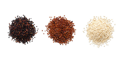 Red, white, and black quinoa on white background.