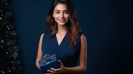 Obraz na płótnie Canvas Beautiful girl standing on a blue background with a gift in the han