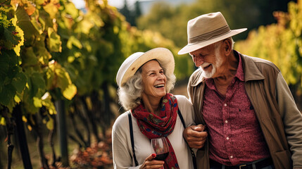 Old couple taking a walk in a vineyard.