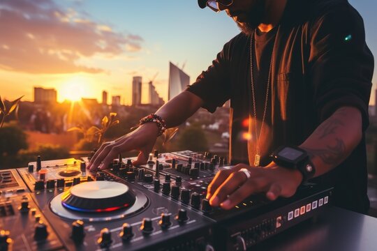 Dj Hands Creating And Regulating Music On Dj Console