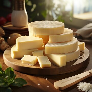 Pieces of sulguni cheese on a wooden board. Cheese with herbs. Generative AI