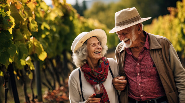 Old couple taking a walk in a vineyard. 
