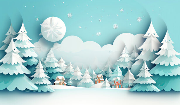 Merry Christmas or happy new year image in flat style with snow and trees, in the style of paper cut