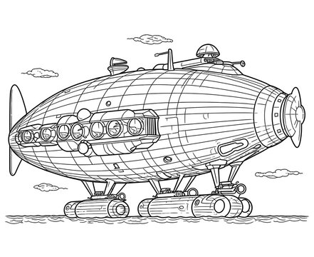 black and white airship floating on water clip art preview