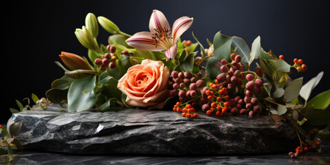 Blank black granite board outdoors. Mockup of a memorial or nominal plate with flowers. Template with copy space