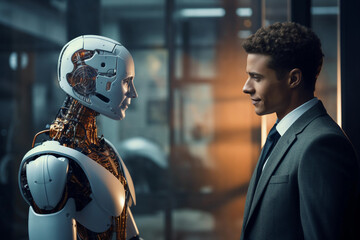 Human and android talking to each other face to face.