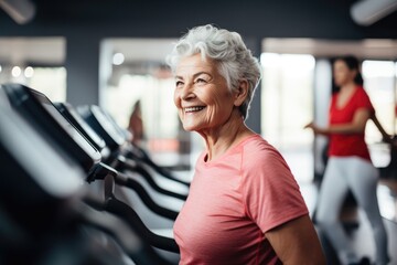 Portrait Of A Happy Senior Woman Exercising in gym