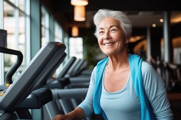 Fototapeta na wymiar Portrait Of A Happy Senior Woman Exercising in gym