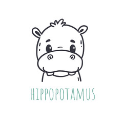 funny hippopotamusin cartoon style. Flat animal. Doodle illustration of hippo head for cards, magazins, banners. Vector